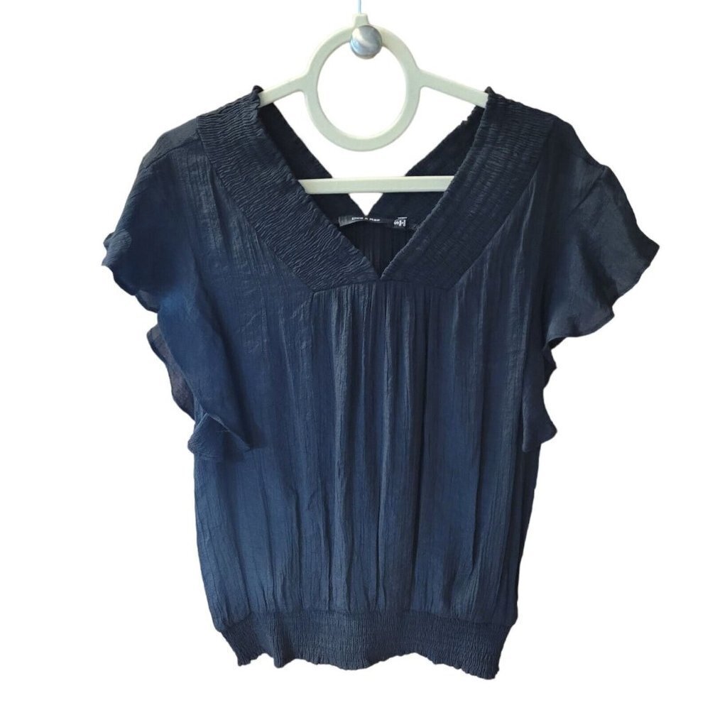 Doe & Rae Smocked V-Neck & Waist Flutter Sleeve Top Black Size Small